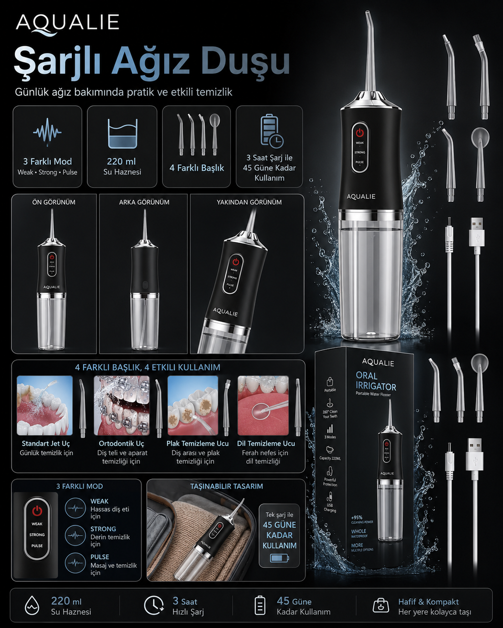 AQUALIE AKTIVE Pro Şarjlı Ağız Duşu